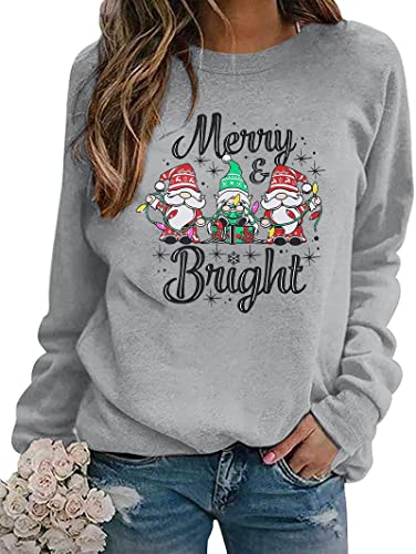 KIMSOONG Christmas Sweatshirt for Women Merry Bright Sweatshirt Christmas Gnome Shirts Holiday Sweater Pullover Top Grey
