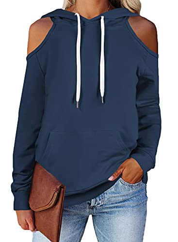 Women Cut Cold Shoulder Hooded Sweatshirt Long Sleeve Pullover Hoodies with Pockets Dark Blue 2XL