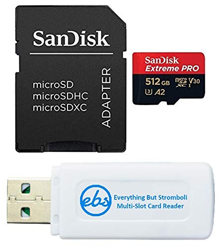 SanDisk 512GB Extreme Pro MicroSD Memory Card with Adapter Works with GoPro Hero 10 Black Action Cam U3 V30 4K A2 Class 10 SDSQXCZ-512G-GN6MA Bundle with 1 Everything But Stromboli Micro Card Reader
