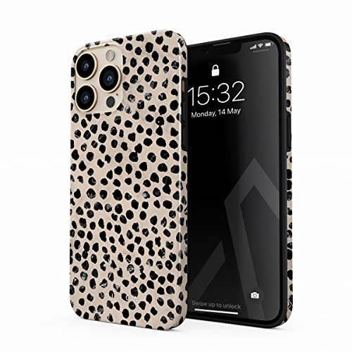 BURGA Phone Case Compatible with iPhone 13 PRO – Hybrid 2-Layer Hard Shell + Silicone Protective Case -Black Polka Dots Pattern Nude Almond Latte – Scratch-Resistant Shockproof Cover