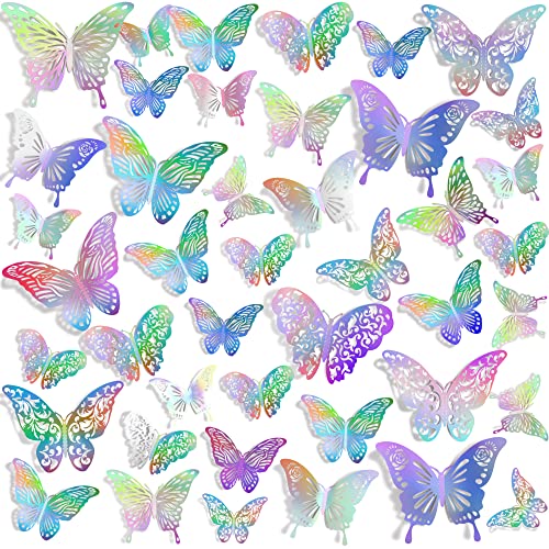 Creative 60PCS Hollow Butterfly Wall Decals 5 Style 3D Butterflies Wall Stickers DIY Removable PVC Refraction Shiny Silver Home Art Decor for Kids Girls Bedroom Living Room Nursery Playroom Decoration