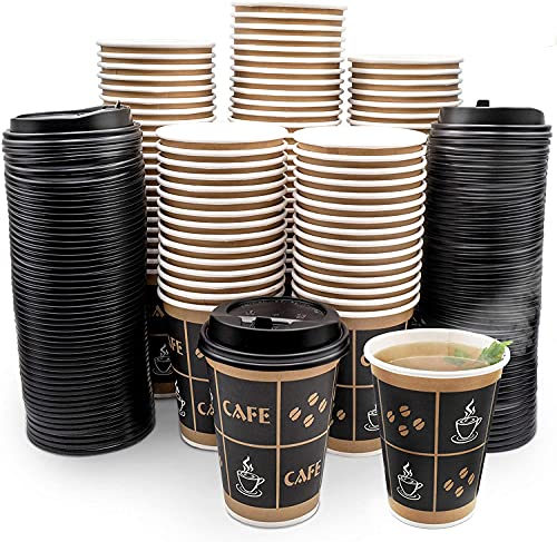 JUST PACK IT [12 oz – 100 Sets with Lids] PREMIUM Paper Hot Coffee Cups with Resealable Lids – Leak Free To Go Disposable Hot Beverage Drinks
