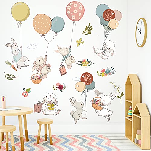 7 Set Cute Bunny Balloon Nursery Wall Stickers, KALYLOC Colorful Rabbit Family Traveling on Balloon, Peel and Stick Cartoon Lovely Animals Wall Decor for Baby Boys Girls Bedroom