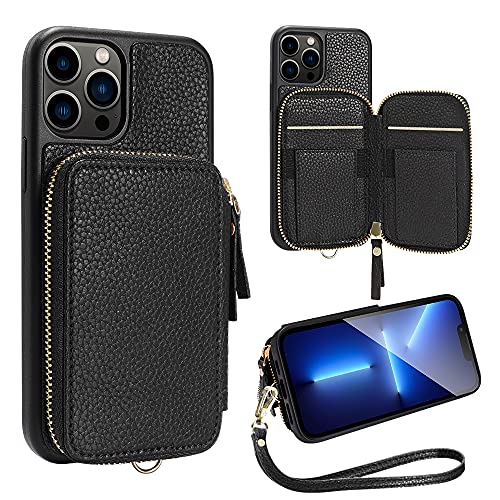 ZVE iPhone 13 Pro Wallet Case with RFID, Zipper Wallet Case with Card Holder Slot Wrist Strap Handbag Protective Leather Cover Gift for Women Compatible with iPhone 13 Pro 6.1″ 5G (2021)- Black