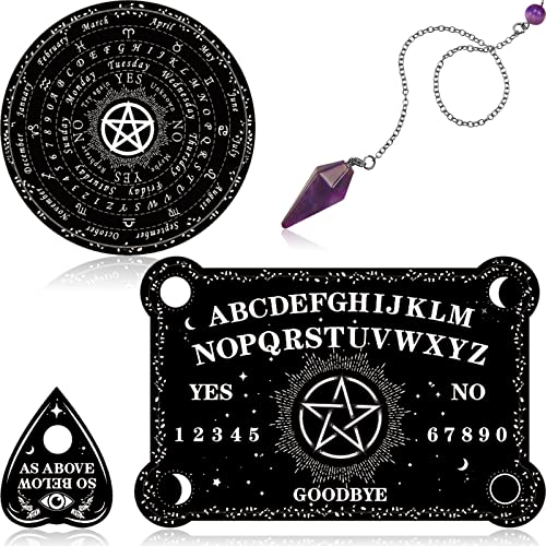 Pendulum Dowsing Divination Board with Amethyst Set Metaphysical Message Board Crystal Dowsing Pendulum Necklace Wooden Board Talking Board with Planchette for Wiccan Supplies (Star Style)