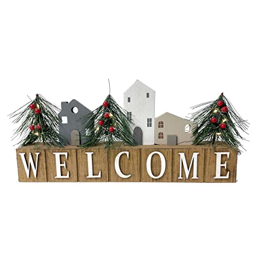 HOMirable Christmas Tree Block Welcome Sign LED Lighted Rustic Tabletop Rustic Home Decor Farmhouse Wooden Decorative Sign Holiday Xmas Display Box Sign Decoration Gift