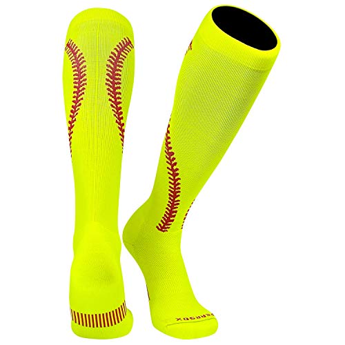 MK Socks Softball Stitch Neon Yellow with Red Stitching Knee high Socks (S)
