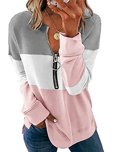 Womens Color Block Sweatshirt Long Sleeve Zipper Loose Pullover Tops Shirts White