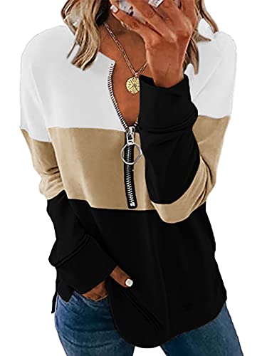 Womens Color Block Sweatshirt Long Sleeve Zipper Loose Pullover Tops Shirts Khaki