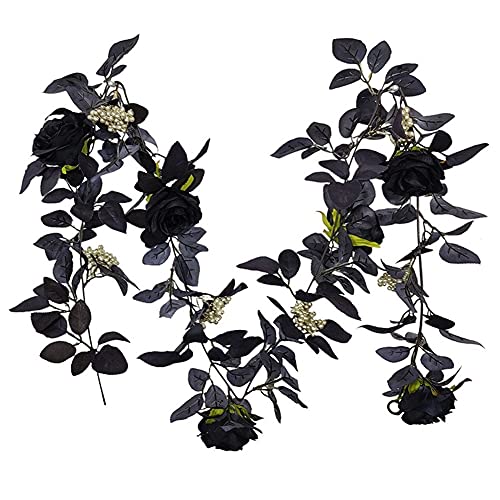 TYLC Artificial Rose Realistic Flower Cane Indoor Outdoor Wall Hanging with Leaves Vine Home Garden Halloween Decor# (Color : Black)
