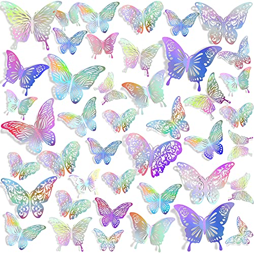 60PCS 3D Hollow Butterfly Wall Decals Colorful Laser Silver Butterflys Wall Sticker 5 Combinations Set DIY Removable Home Wall Decor for Kid Girl Bedroom Living Room Holiday Celebration Party Wedding