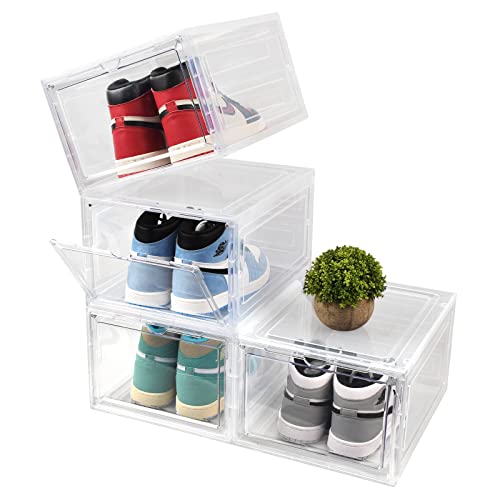 U-LIAN Large Hard Plastic Shoe Box, Drop Front Shoe Boxes Clear Plastic Stackable Size 13, XL Shoe Storage Box Containers, Sturdy Sneakers Storage Box for Display, Storage, 13.5 x 10.6 x 7.4 inches(4 Pack)