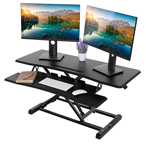 TechOrbits Standing Desk Converter – 42 Inch MDF Wood, Adjustable Height Sit to Stand Up Desk Riser for Home Office – Computer, Laptop & Dual Monitor Workstation – Black