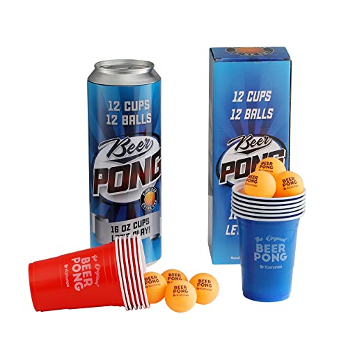 Komonee Beer Pong Novelty Can American Adult Indoor Party Drinking Game Including 12 Printed Wide Rimmed Red and Blue Re-usable Cups and 12 High Bounce ABS Orange Balls