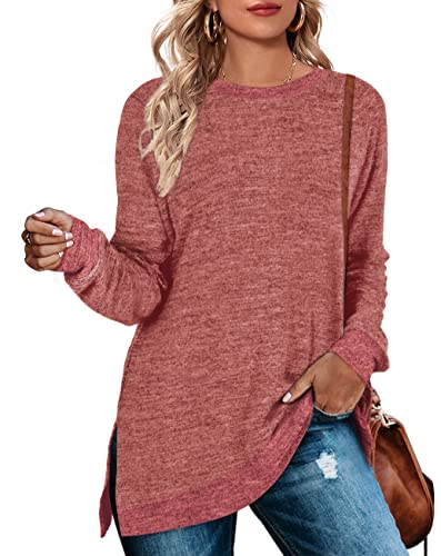 Long Tunic Tops for Women to Wear with Leggings Round Neck Pullover Sweaters Coral L