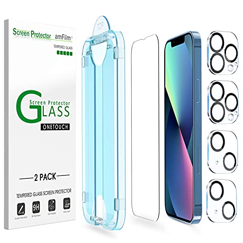 amFilm OneTouch Compatible with iPhone 13/iPhone 13 Pro (6.1″, 2021) Tempered Glass Screen Protector and Camera Lens Protector, Edge to Edge Full Coverage with Easy Installation Kit (2+2 PACK)