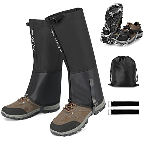 Odoland Ice Cleats Traction with Leg Gaiters, Stainless Steel Crampons for Snow Shoes and Boots, Safe Protection Snow Grips for Hiking Fishing Walking Climbing Mountaineering, Black, Black, L