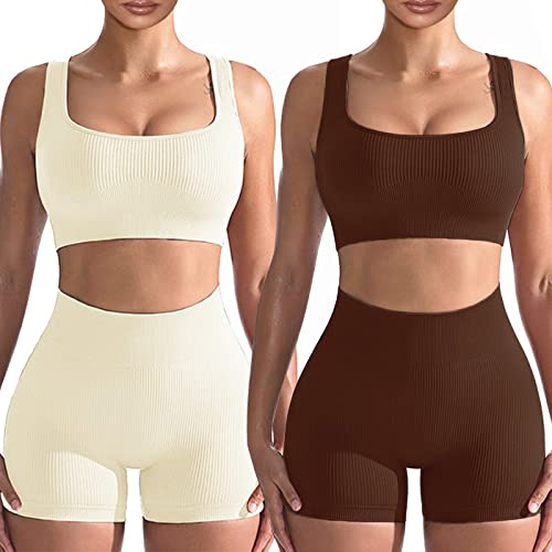 niyokki Workout Sets for Women 2 Piece, Cute YOGA Workout Set, Two Piece Workout Outfits,2 Pack (M, Coffe +white)