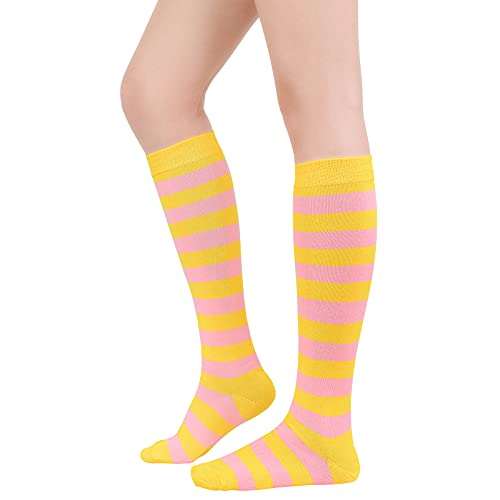 Womens Running Training Socks Outdoor Sports Compression Athletic Socks Striped Thigh High Socks 1 Pack Yellow Pink