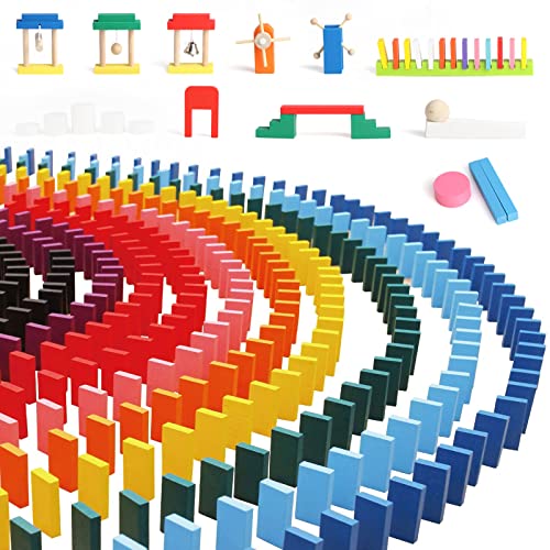 1000 PCS Dominoes Set for Kids Wooden Building Blocks 10 Colors Bulk Dominoes Racing Tile Games Educational Toy for Kids Birthday Party with 26 Add-on Blocks and 1 Storage Bag