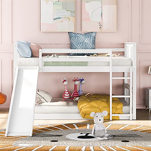 Harper & Bright Designs Low Bunk Bed with Slide, Solid Wood Twin Over Twin Floor Bunk Beds with Ladder and Guard Rail for Kids, Toddlers (New, White)