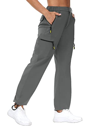 VVK Women’s Cargo Hiking Pants Elastic Waist Quick Dry Lightweight Outdoor Water Resistant UPF 50+ Long Pants Zipper Grey Large