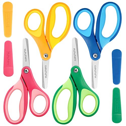Huhuhero Kids Scissors, 5” Small Safety Scissors Bulk Blunt Tip Toddler Scissors, Soft Grip Kid scissors for School Classroom Children Craft Art Supplies, Assorted Colors, 4-Pack