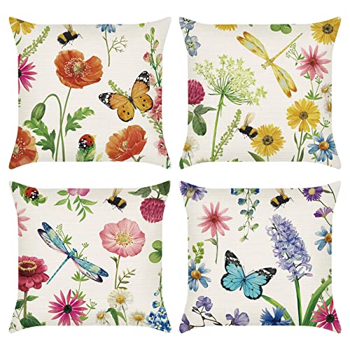 Bonhause Spring Flower Throw Pillow Covers 18 x 18 Inch Set of 4 Summer Patio Decorative Pillow Cushion Cases Outdoor Cushion Covers for Couch Sofa Bedroom Car Home Decor