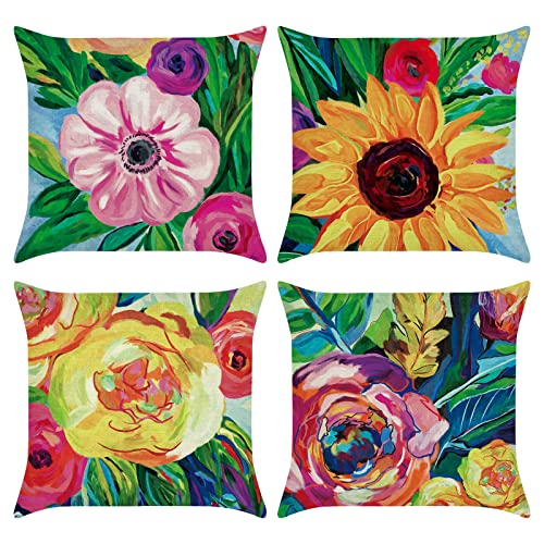 Bonhause Colorful Flower Pillow Covers 18×18 Set of 4 Sunflower Oil Painting Floral Decorative Pillows Case Polyester Linen for Sofa Garden Couch Home Decor