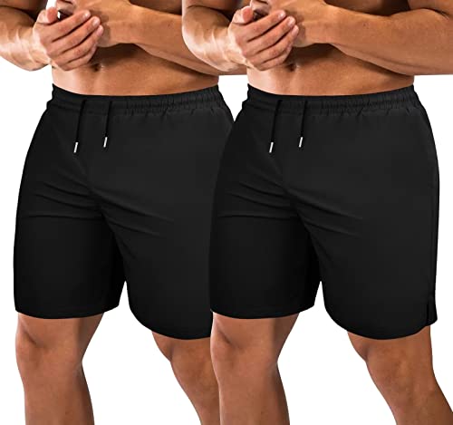 We1Fit Men’s 2 Pack Workout Running Shorts Quick Dry Weightlifting Squatting Pants Lightweight Gym Shorts with Pocket Black/Black