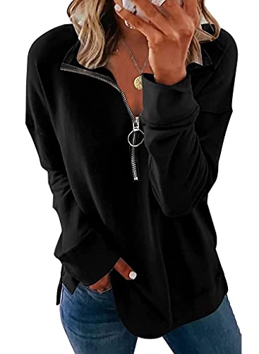 Women’s Half Zip Sweatshirts Causal Long Sleeve Collar Pullover Lightweight Solid Side Split Activewear Running Jacket (Black, Small)