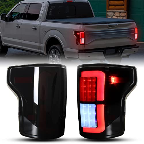 POKIAUTO New Upgraded LED Tail Lights Assembly for F150, Smoked Black LED Taillights Brake Rear Lamps Parking Light for Ford F-150 2015-2017 Accessories (2PCS, Driver & Passenger Side)
