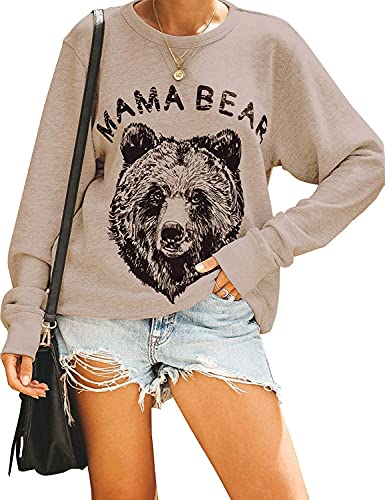 Blooming Jelly Women’s Mama Bear Sweatshirt Oversized Crewneck Sweatshirts Cute Long Sleeve Pullover Tops (XL, Khaki)