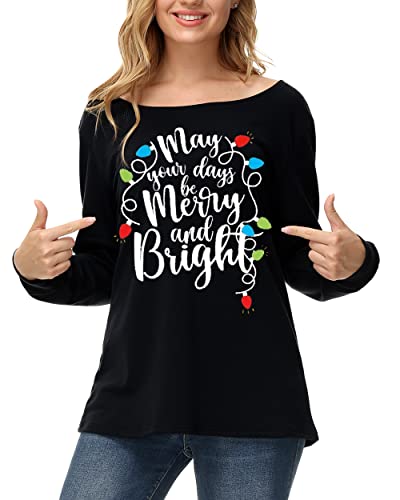 Christmas Womens Lightweight Xmas Lights Off Shoulder Graphic Shirt Long Sleeve Black Sexy Top L