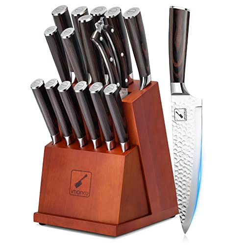 Knife Set, imarku 16-Pieces Hammered Kitchen Knife Set with Block, Japanese HC Stainless Steel Knives Set for Kitchen, Premium Pakkawood Handles Knife Block Set, Ultra Sharp