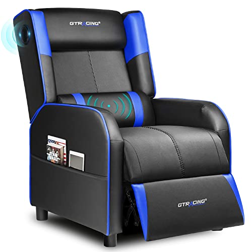 GTRACING Gaming Recliner Chair with Bluetooth Speakers Racing Style Single Gaming Sofa Modern Living Room Recliners Ergonomic Comfortable Massage Home Theater Seating, Blue