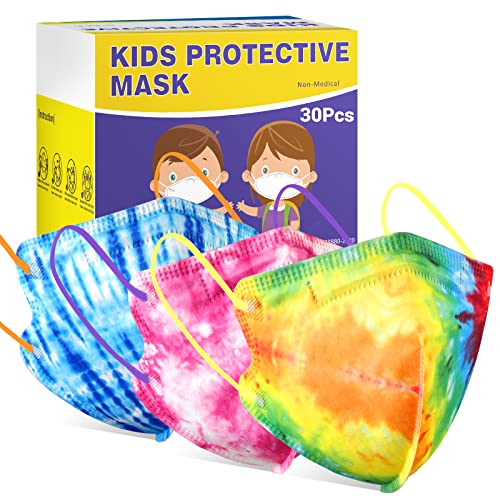Zoonana Kids Disposable Face Masks, Upgraded 30 Pcs Breathable 4-Ply Protection Mask with Elastic Earloop for Children Boys Girls Tie Dye Colorful