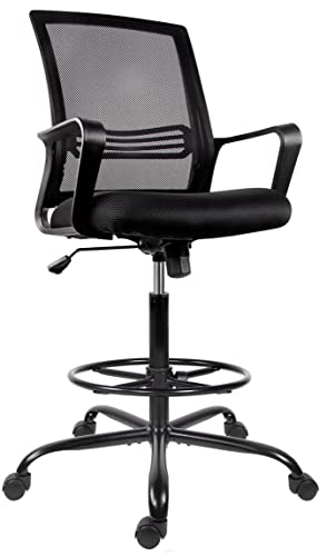 Tall Office Chair for Standing Desk – Comfortable Drafting Chairs with Armrest Adjustable Foot Ring Ergonomic Mesh Mid-Back Desk Chair – Deep Black