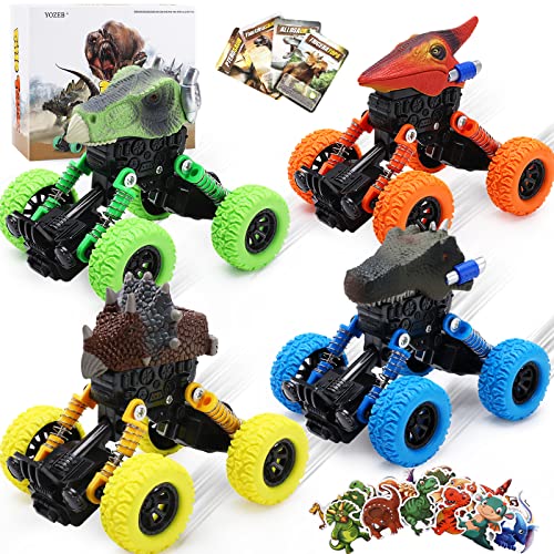 Dinosaur Toys Pull Back Cars for Kids 3-5 Boys Dino Trucks Toddler Toys, Monster Trucks Pull Back Cars with Dinosaur Stickers & Dinosaur Cards, Christmas Birthday Gifts for 2 3 4 5 6 7 Year Old Boys