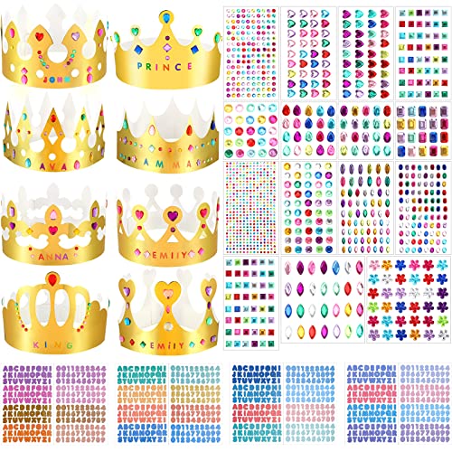 Paper Crowns Princess Prince Crown for Kids Birthday Party King Hats Gold Gem Jewels Stickers Number Letter Stickers for Boys Girls Adults DIY Crown Decor Favor Supplies (Delicate Style,63 Pieces)