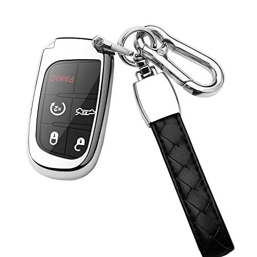 Houking for Jeep Key fob Cover,Soft Protector Case Key Shell with Leather Keychain,Fit for Chrysler 200 300 Grand Cherokee Durango Charger Challenger Journey Renegade RAM Remote Key,Key Case Silver