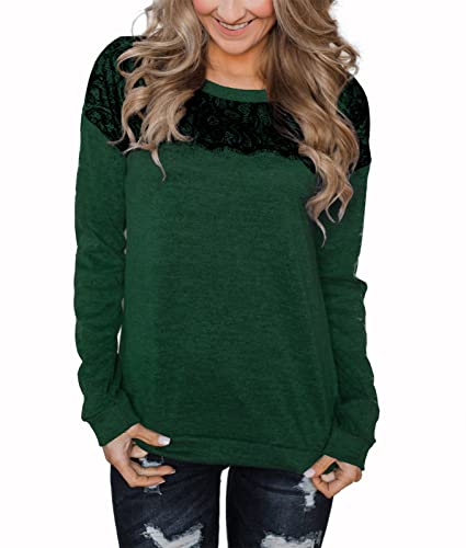 Eshavee Women’s Long Sleeve Lace Sweatshirt Elegant Autumn Tops Casual Tshirt Green