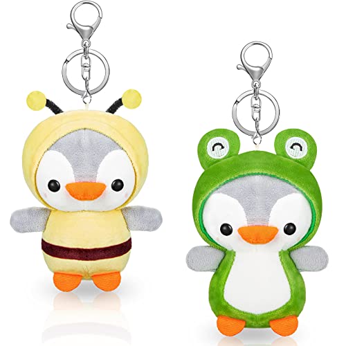Cute Penguin Keychains 2 Pieces Stuffed Penguin Plush Pendant Small Frog Bee Stuffed Animal 5 Inch Mini Penguin Toys for Backpacks Accessories Kids Birthday Party Favors, Green and Yellow
