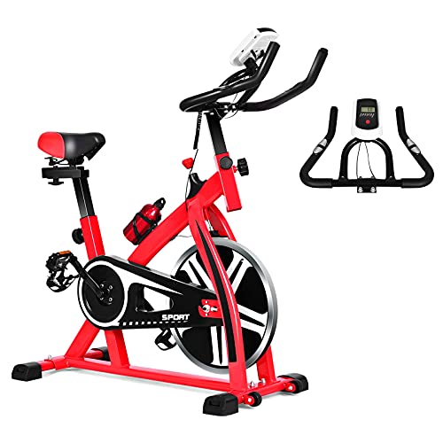 GYMAX Indoor Cycling Bike, Stationary Exercise Bike with 20 LBS Flywheel, Cup Holder, LCD Monitor & Built-in Wheels for Home Gym Cardio Training Workout