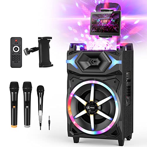 Karaoke Machine for Adults, 700W Peak Power Bluetooth 5.0 Karaoke System-PA Stereo with 10″ Subwoofer, Multi-Function Speaker with 3 Microphones and 1 Stand,Panel Light Ring & Light Ball