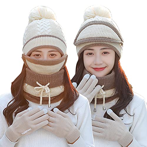 Winter Slouchy Beanie Gloves for Women Knit Hats Skull Caps Touch Screen Mittens with Mask/Solid Color Beige