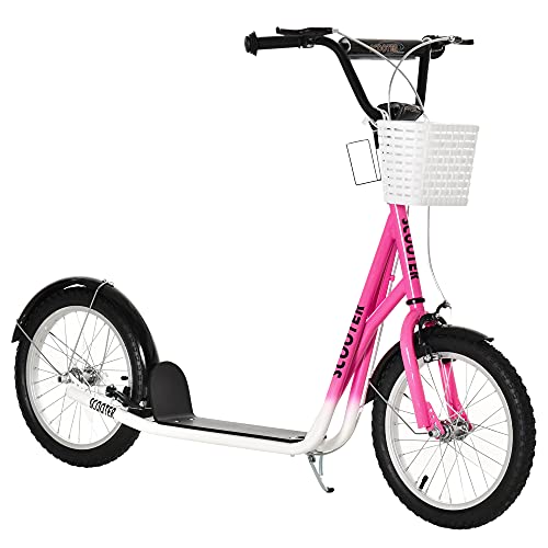 Aosom Youth Scooter, Kick Scooter with Adjustable Handlebars, Double Brakes, 16″ Inflatable Rubber Tires, Basket, Cupholder, Pink
