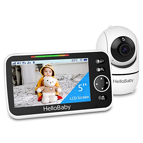 HelloBaby Monitor, 5”Display, Pan-Tilt-Zoom Video Baby Monitor with Camera and Audio, Night Vision, 2-Way Talk, Temperature, 8 Lullabies and 1000ft Range Baby Monitor No WiFi for Elderly