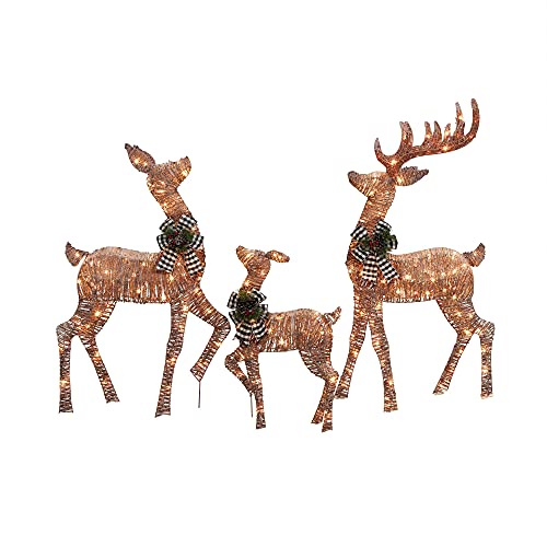 Holiday Home 3 Piece Lighted Rustic Deer Family with Buffalo Plaid Bows Sculpture Decoration Pre Lit Display Outdoor Christmas Yard Decoration Garden Yard Art Holiday Winter Display