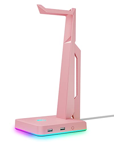 IFYOO RGB Gaming Headset Stand with 2 USB Ports, Game Headphone Mount for PC, Xbox One, PS4, Switch, Earphone Holder Hanger, Great for Gaming Stations, Fancy Desk Gamer Accessories, Pink
